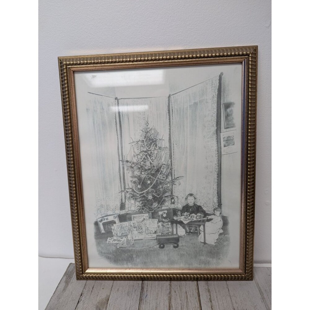 Jane McClure Jane's Prints Young Girl on Christmas Morning Gifts Framed Print